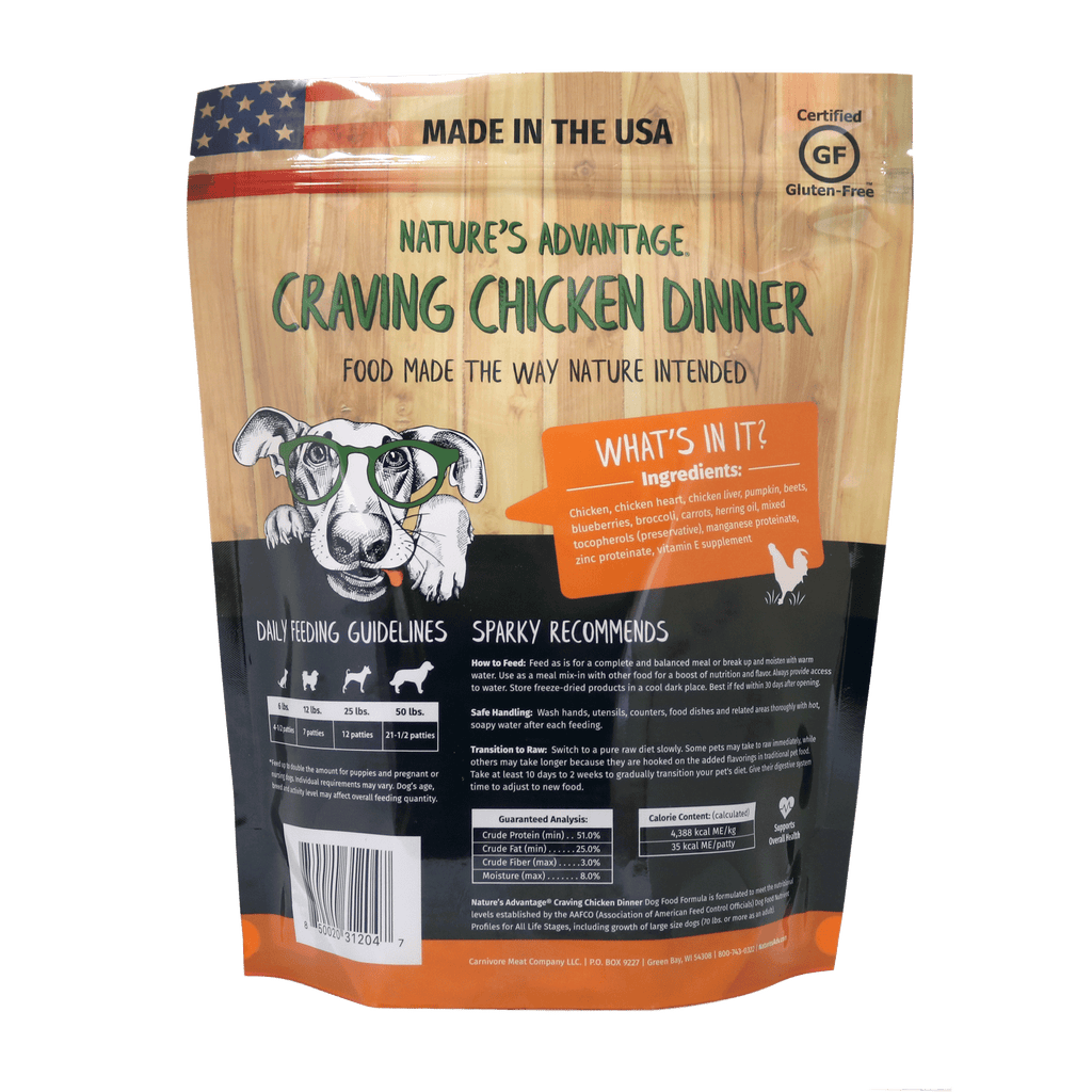 freeze dried Chicken Dog Food, grain free dog food - Back of Bag