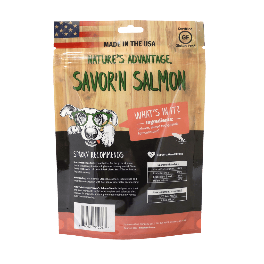 Salmon Dog Treats, freeze dried salmon dog treats, grain free dog treats - Back of Bag