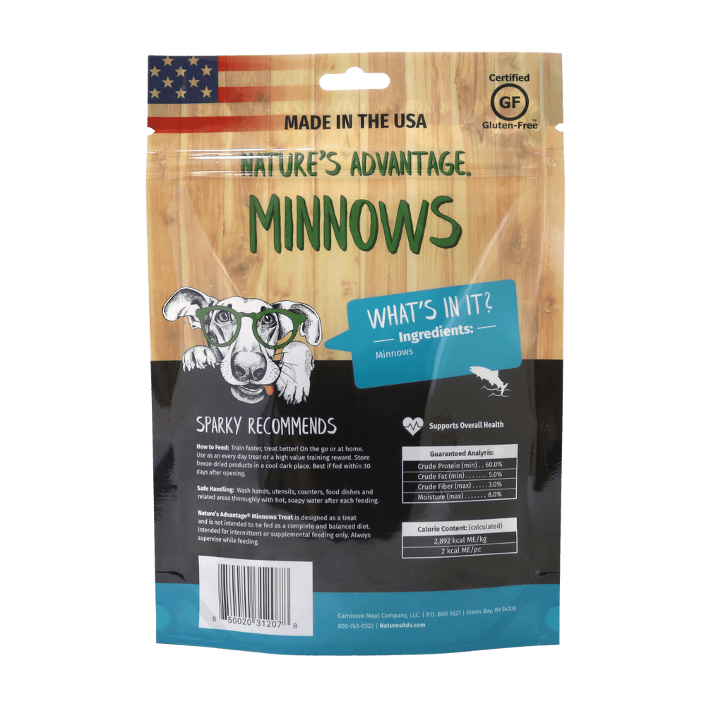 Freeze Dried Minnows Dog Treats, grain free dog treats - Back of Bag